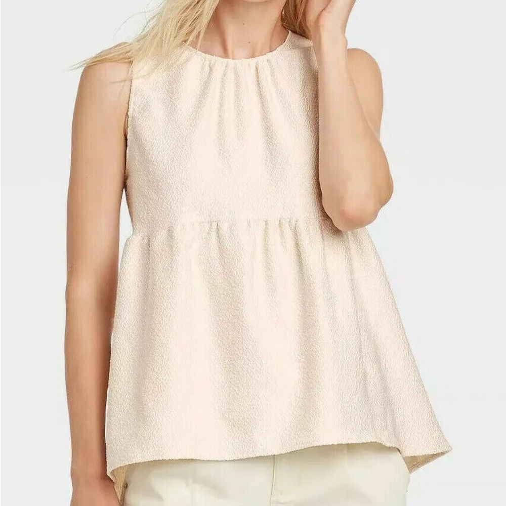 Who What Wear Ivory Textured Peplum Sleeveless Top with Back Ties